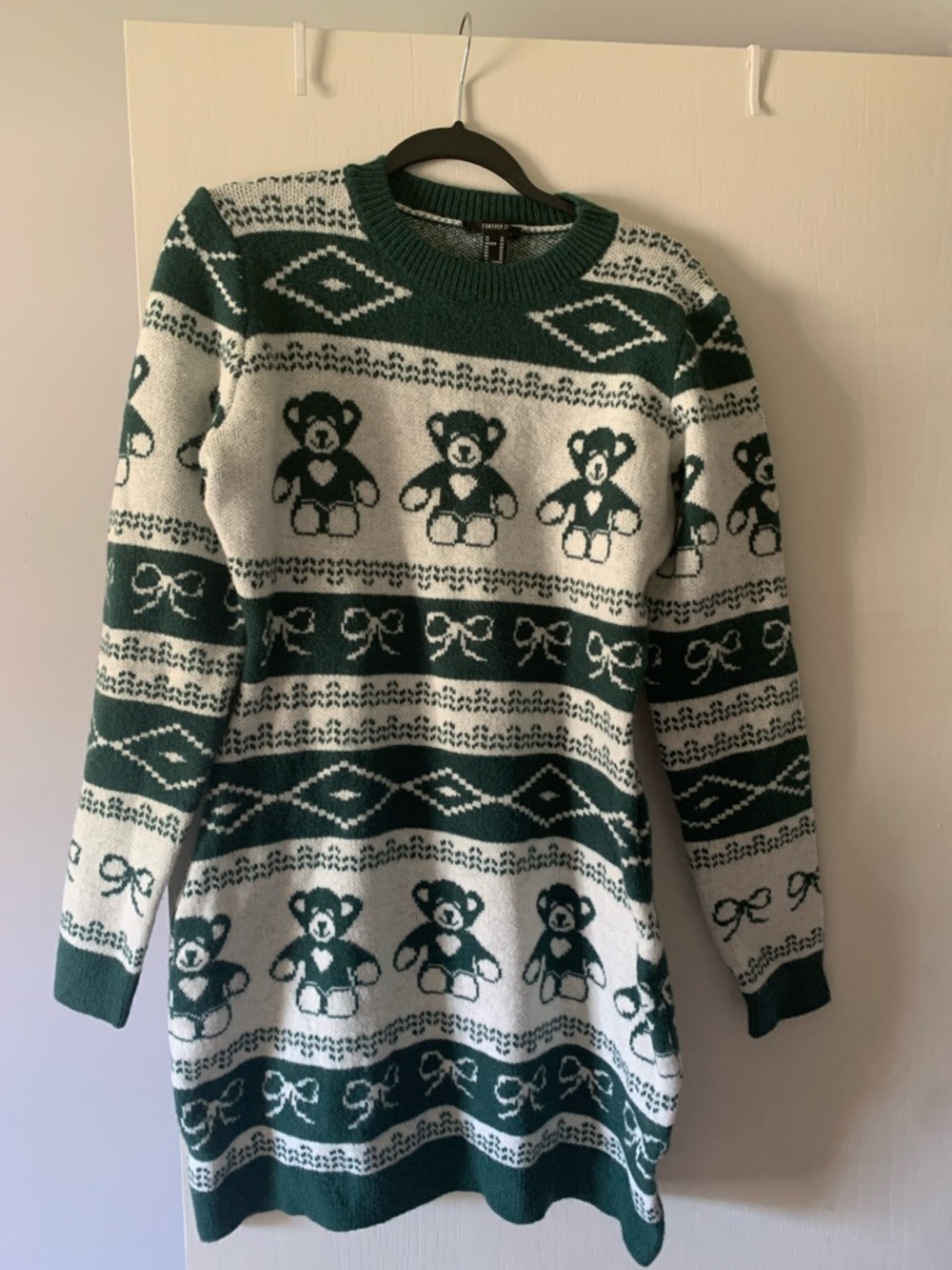 Forever 21 Green and White Teddy Knit Sweater Dress